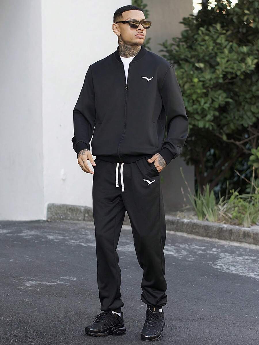 Devon Thys Men's 2 Pieces Bird Graphic Print Bomber Jacket And Jogger Pants Set For Spring Autumn Casual Outdoor Wear - Black - View 1