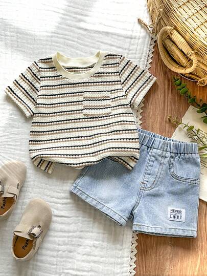 Baby Boys Striped Knit Short Sleeve Top + Denim Shorts Set, Super Cool And Cute Casual Outfit. Classic Light Blue Washed Denim Shorts Paired With White, Brown And Black Striped Knit Top. Simple Logo Patch Decoration, Round Neck Short Sleeve With Chest Pocket Design, Straight Leg Shorts Fit Any Body Type, Flattering For Little Boys. Easy To Put On And Take Off, Suitable For Summer, Full Of Vitality. Great For Daily Outings, Park Visits, Weekend Strolls, Preschool, Family Gatherings, And More. Make Every Day Stylish And Lively For Your Little One.