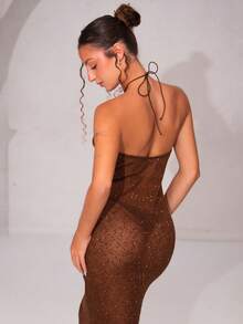 juhmazzocco Spring/Summer Solid Brown Coffee Color Tight-Fitting Sheer Mesh Knitted Crochet Starfish Decal Bodycon Mini Dress, Beach Cover-Up, Crochet Dress, Summer Dress,Valentine's Day,Valentine Outfits For Women - Brown - View 6