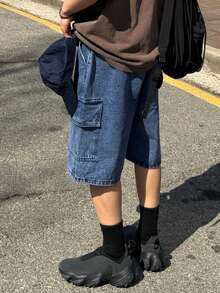 DAZY 男士蓝色水洗做旧松紧腰带口袋设计牛仔短裤，夏季 - 藍色 - 查看 2