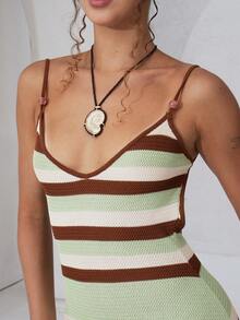 juhmazzocco 女士新款针织连衣裙，交叉吊带露背钩针连衣裙，条纹波西米亚连衣裙，度假连衣裙，秋冬女士优雅连衣裙 - 彩色 - 查看 5