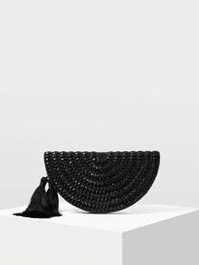 MOTF HANDMADE BEADED EVENING BAG, BLACK TASSEL CLUTCH, ELEGANT CHAIN SHOULDER CROSSBODY BAG - Black - View 1