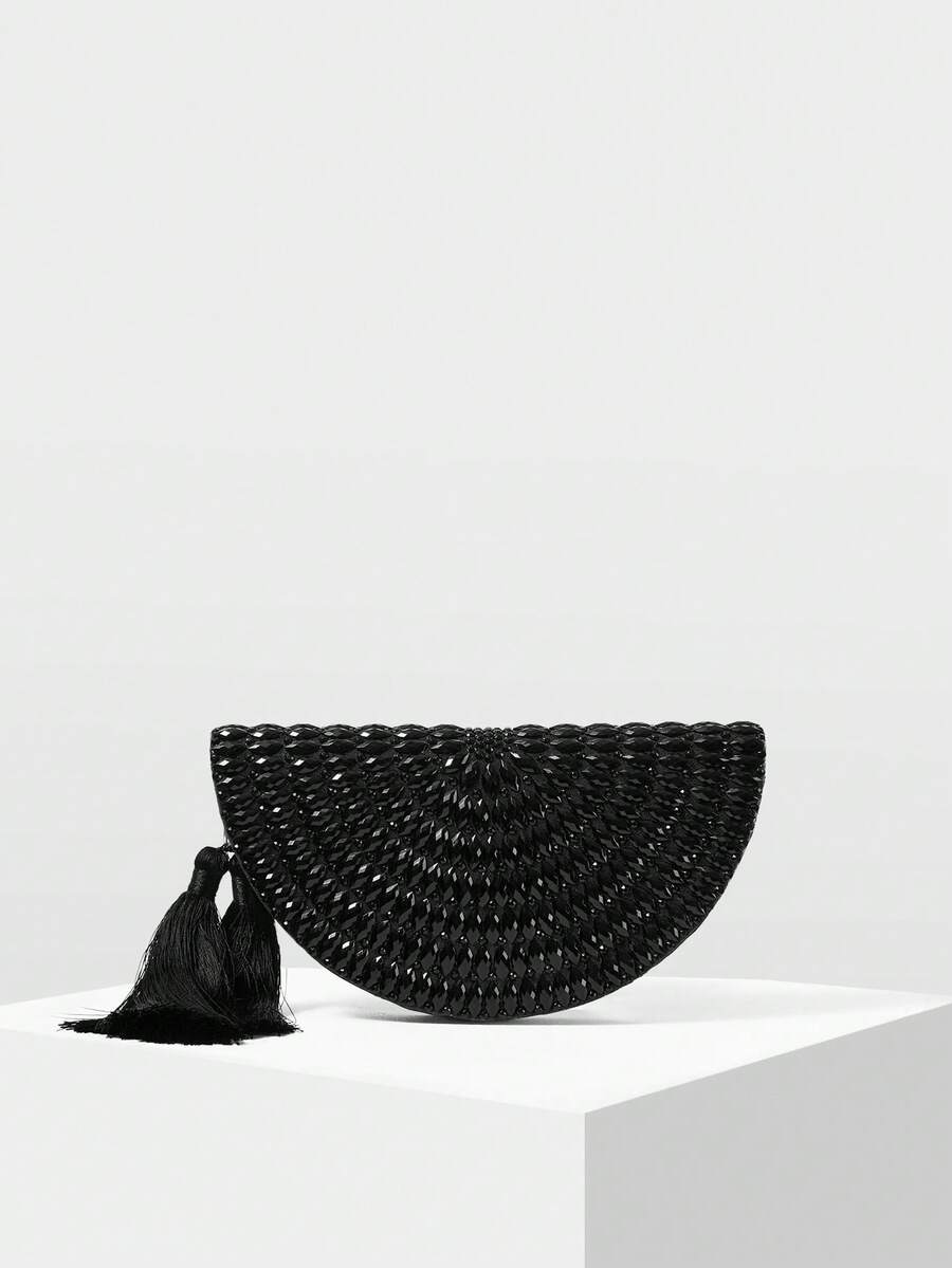 MOTF HANDMADE BEADED EVENING BAG, BLACK TASSEL CLUTCH, ELEGANT CHAIN SHOULDER CROSSBODY BAG - Black - View 1