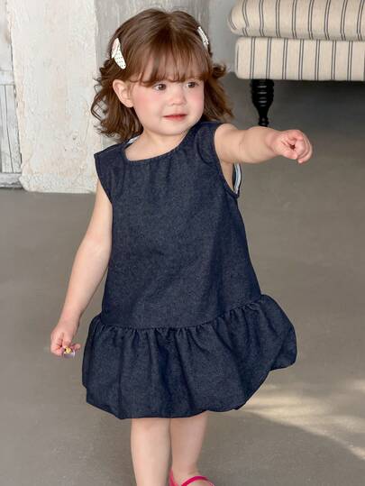 DAZY 女童圆领韩版荷叶边无袖牛仔衫