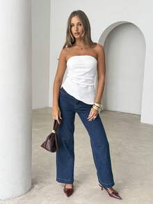 Elegant Women's Solid Color Asymmetrical Bandeau Top, Summer - trắng - Xem 3