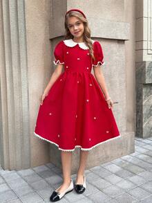 1pc Girls' Solid Red Lace Trim Collar Puff Sleeve Princess Dress With Extra-Large Skirt Hem, A-Line Silhouette, Sweet & Cute Fashion Dress Suitable For Parties And Gatherings - Red - View 7