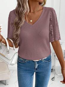 SHEIN Clasi Women's New Elegant Waffle Knit Patchwork Ruffle Sleeve T-Shirt, Versatile For Daily Wear, Commuting And Multiple Occasions - Dusty Pink - View 6