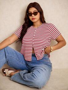 Elaquor Plus Size Summer Casual Striped Button Front Short Sleeve T-Shirt, Going Out Tops - Red and White - View 3