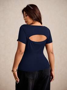 Elaquor Áo thun nữ cỡ lớn, kiểu dáng thường ngày, đa năng, khóa kim loại, màu cà phê, thích hợp cho mùa hè. - Màu xanh hải quân - Xem 5