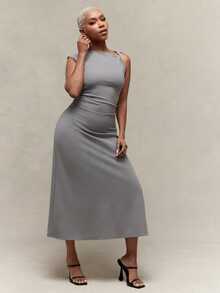 Vixey Twisted Sleeve Fit And Flare Midi Office Dress - Grey - View 1
