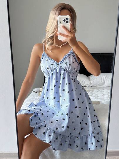 DAZY Ditsy Floral Frill Trim Camisole Mini Nightgown For Women
