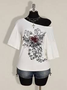 SHEIN ICON Áo thun nữ cỡ lớn họa tiết punk, vai lệch, dáng rộng - trắng - Xem 3