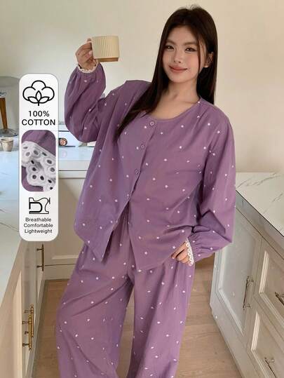 Dazy Plus Plus Size Women Lace Star Print Loose Long Sleeve Top And Straight Leg Pants Pajama Set, Fashionable Sleepwear For Spring, Summer, Autumn