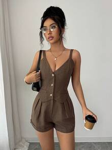 Selianne Women's Summer New V-Neck Camisole Front Buckle 2 In 1 Jumpsuit - Coffee Brown - View 7