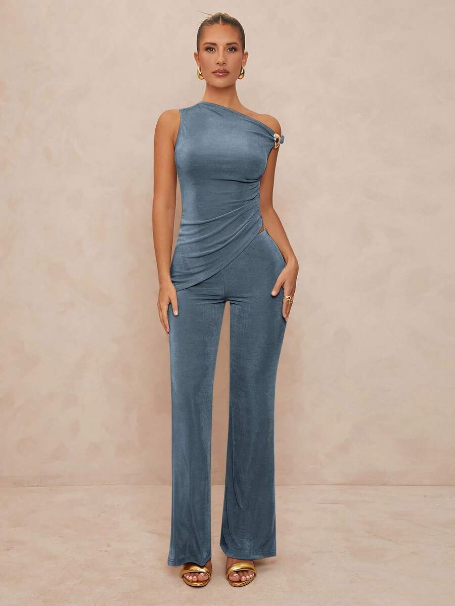 一套女士金属装饰不对称紧身上衣和裤子两件套，单肩优雅性感女装 - 霧霾藍 - 查看 1