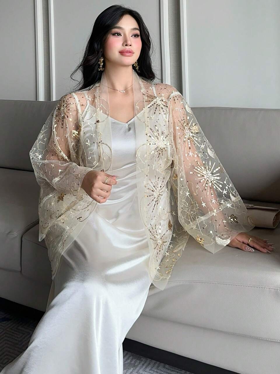 Dazy Plus Beige Elegant Satin Long Slip Dress With Sequin Embroidery,Loose Coverup,Resort Style,Plus Size Women 2pcs Set