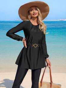 Swim Mulvari Women's Solid Color Burkini Set For Vacation & Beach - Black - View 6