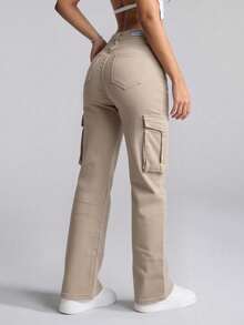 Pantalones de Mezclilla Cargo Negro de cintura alta y bolsillos utilitarios , un estilo versátil de moda para toda ocasión - Beis - Ver 2