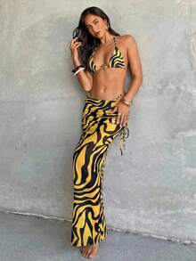 Aloruh Women's 3-Piece Bikini Set,Yellow,Summer,Casual,Beach,Vacation,Holiday Zebra Print Metal Decor Triangle Halter Top,Thong&Long Sarong Skirt - Multicolor - View 5
