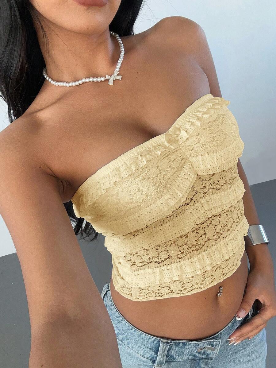 Aloruh Top bandeau con volantes, plisado y lazo elegante y romántico de unicolor para mujer - Amarillo - Ver 1