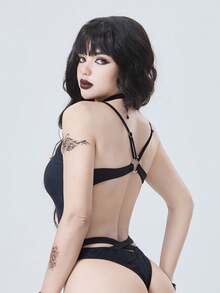 ROMWE Goth 2026新款性感纯色金属装饰镂空连体泳衣，春夏款 - 黑色 - 查看 2