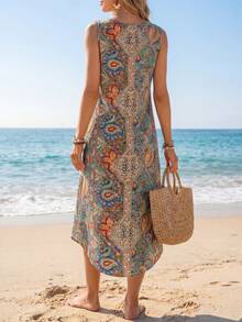 Sylviya 女士休闲佩斯利印花圆领无袖度假连衣裙 - 藍色 - 查看 2