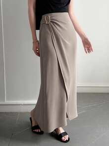 DAZY Women's Solid Color Metal Decor Elegant Office Skirt Summer - Khaki - View 3