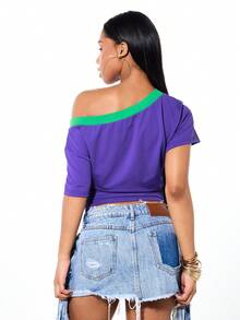 SUMWON WOMEN Off Shoulder Butterfly Print Asymmetric Ruched Jersey Top With Green Trim Detail Short Sleeves - Purple - View 2