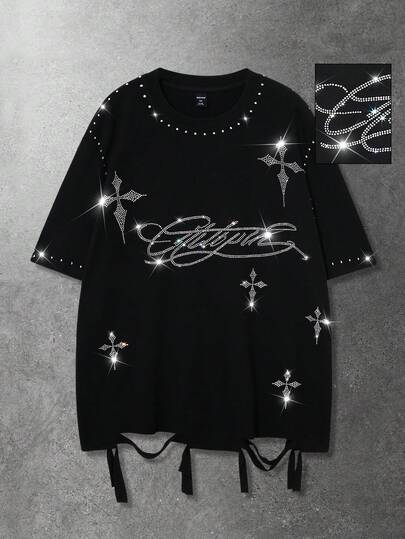 T-shirt a maniche corte da uomo con croce americana in strass e orlo consumato