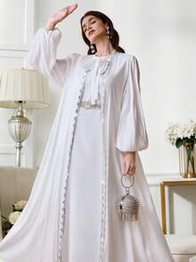 Al Najma Women's Long Sleeve Robe With Rhinestone Decor And Sleeveless Round Neck Dress Arabic Abaya Set - White - View 4