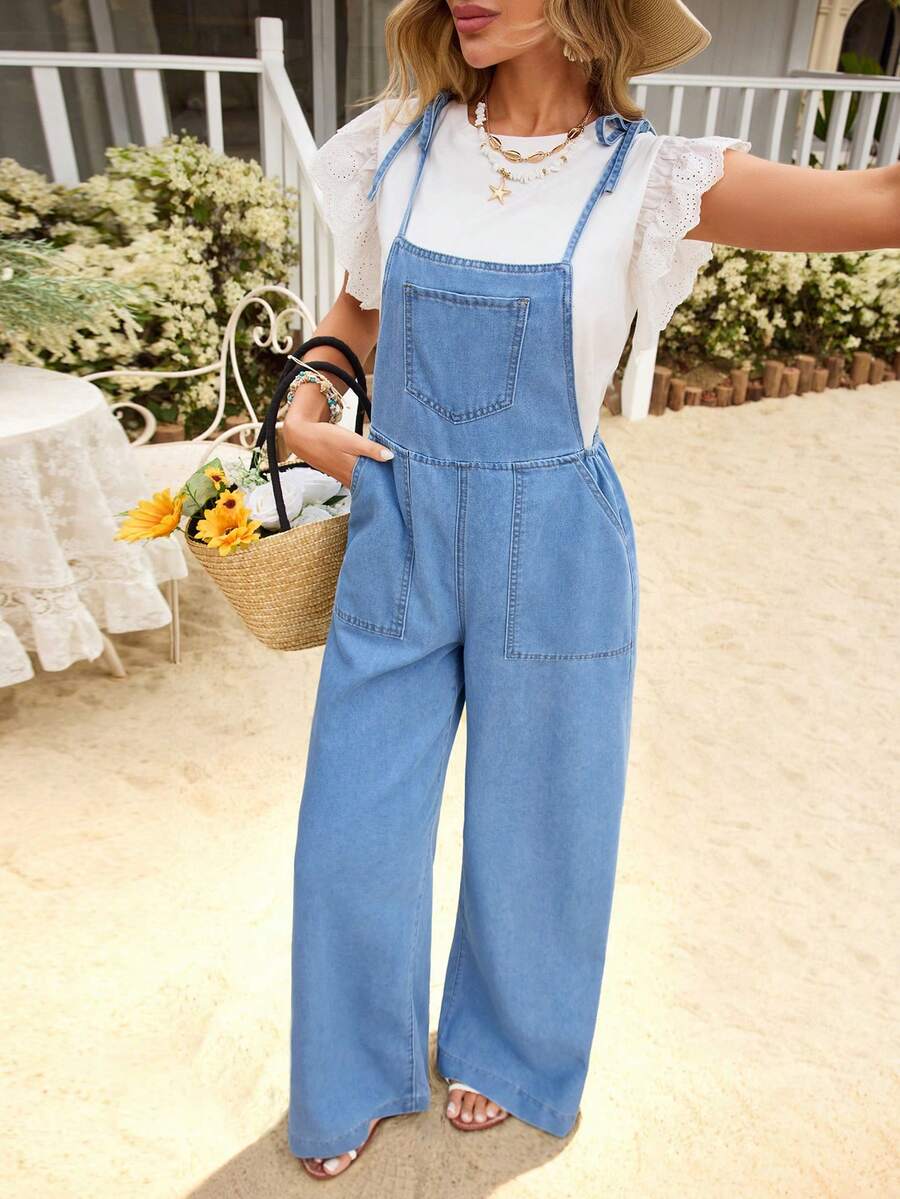 SHEIN LUNE Women's Loose Fit Pocket Design Wide Leg Casual Denim Jumpsuit Baggy Style - Blue - View 1