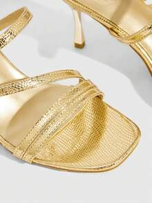 CUCCOO SZL Giày thời trang nữ mũi vuông kiểu sao, màu vàng ánh kim, hở mũi, thích hợp dự tiệc tối, phối cùng váy, gót nhọn cao gót. - Vàng - Xem 5