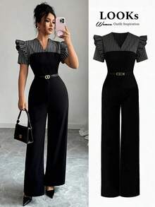Rafferiza 女士优雅通勤风休闲条纹拼接荷叶边V领腰带阔腿连体裤 - 黑色 - 查看 4