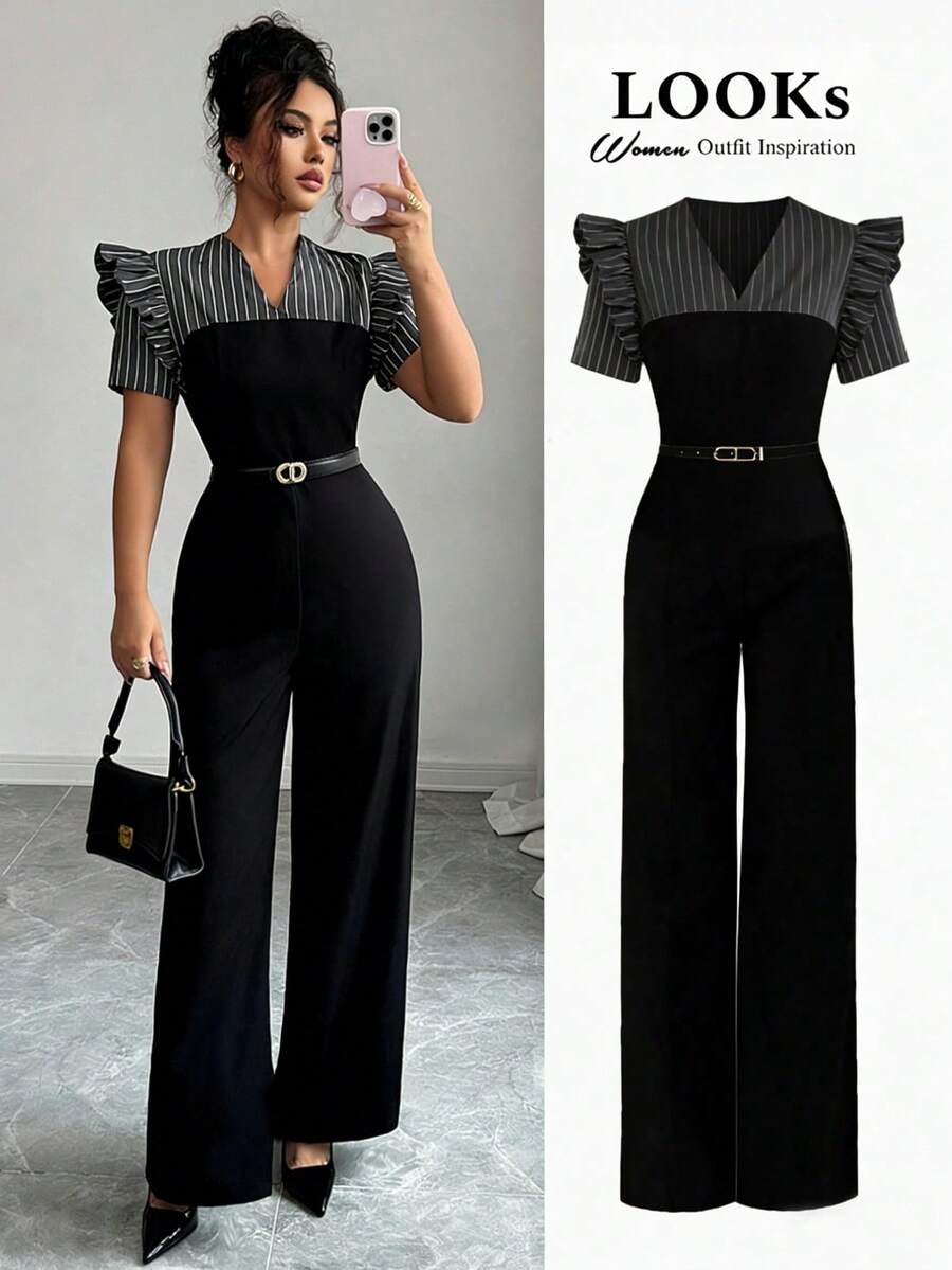Rafferiza 女士优雅通勤风休闲条纹拼接荷叶边V领腰带阔腿连体裤 - 黑色 - 查看 1