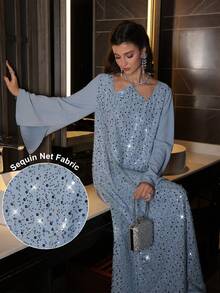 Al Najma Cross-Tied Pearl Embroidered Mesh Patchwork Long Sleeve Maxi Dress, Turkish & Arabic Traditional Style - Blue - View 1