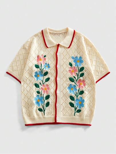 ROMWE MEN Camisa de punto con bordado floral, camisa de manga corta con textura hueca para vacaciones