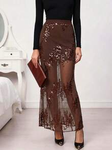 NOVVYNE Sequin Mesh Embroidered Sexy Fashion Date Night Straight Elastic Waist Fitted Skirt - Brown - View 1