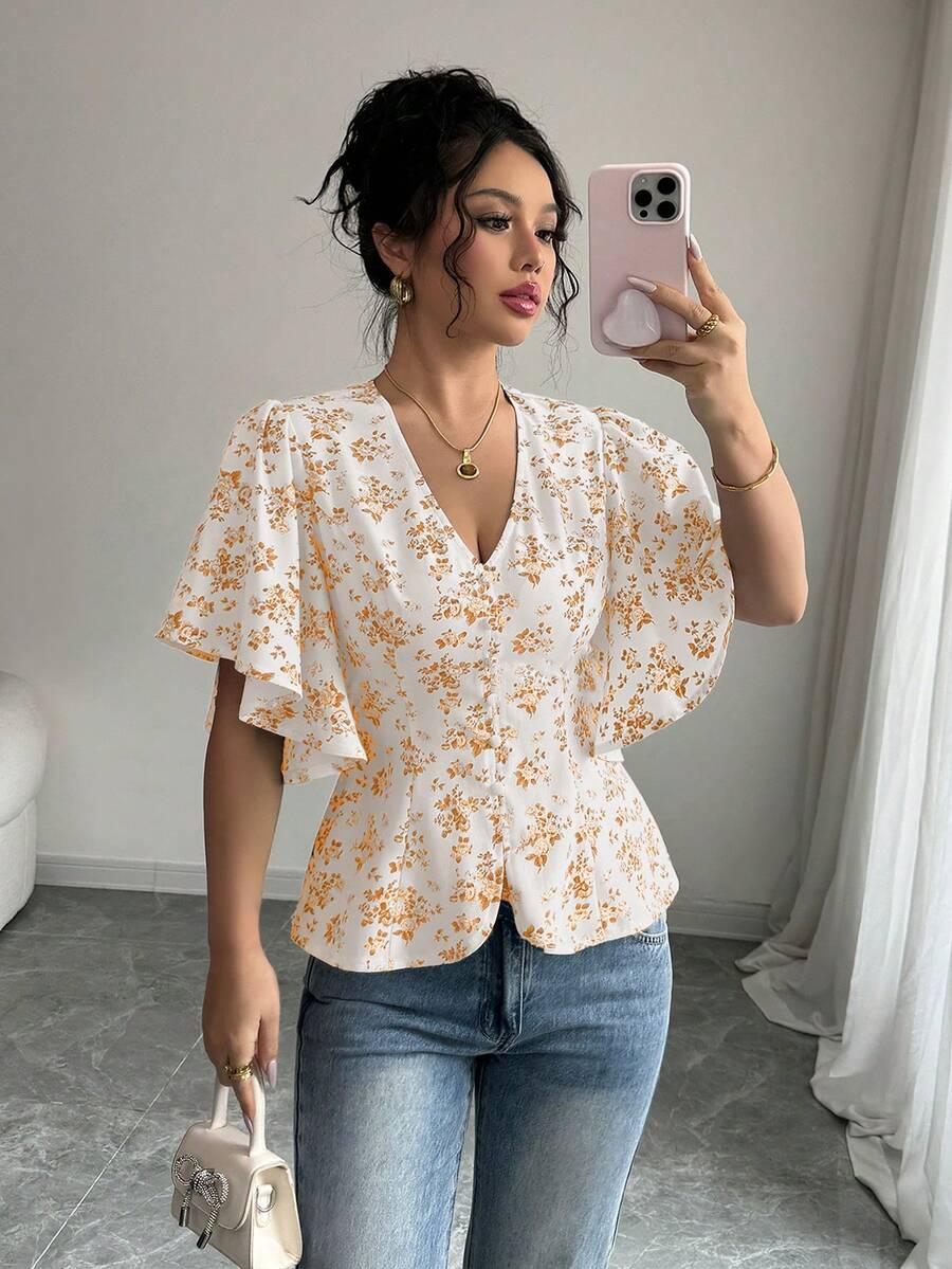 Elenzga 女士优雅印花V领褶皱腰部荷叶边下摆泡泡袖衬衫，适合春夏通勤、休闲、度假、下午茶等场合。 - 淡黃色 - 查看 1