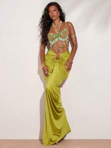 SHEIN BAE 性感绿色串珠水晶装饰薄纱露脐上衣，适合海滩、巴厘岛度假、派对等场合，性感上衣，装饰上衣，串珠上衣，度假女士，夏季，女士沙滩装，亮片上衣，绿色上衣 - 綠色 - 查看 5