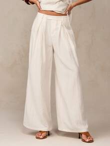 SHEIN BAE 米色和杏色亚麻低腰褶裥阔腿裤，适合意大利度假、法国南部度假、休闲裤、沙滩裤、邮轮裤、复古风格、早午餐裤，春夏皆宜。 - 杏色 - 查看 6