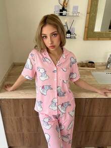 Girls Casual Comfortable Soft Pink Cloud Rabbit Pattern Pajama Set, Collared Short Sleeve Top And Long Pants 2 Pieces Loungewear - Pink - View 4