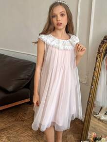 DAZY Tween Girl Elegant Mesh Patchwork Summer Dress - Pink - View 4
