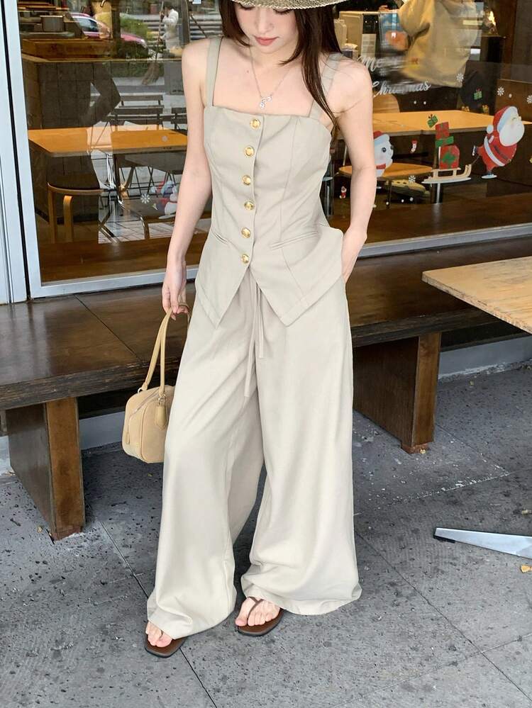 Women's Slimming Bandeau Top And Casual Korean Style Linen Cargo Pants 2 Pieces Set Summer