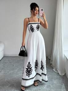 Elenzga Đầm maxi chữ A nữ màu đen trắng thời trang và thanh lịch, họa tiết in nổi, dây thun co giãn điều chỉnh được, phù hợp cho công sở, dạo phố, phong cách lãng mạn Pháp, thường ngày, retro Trung Đông, tiệc trà chiều, dự tiệc, mùa tựu trường, xuân/hè. - Đen và trắng - Xem 6