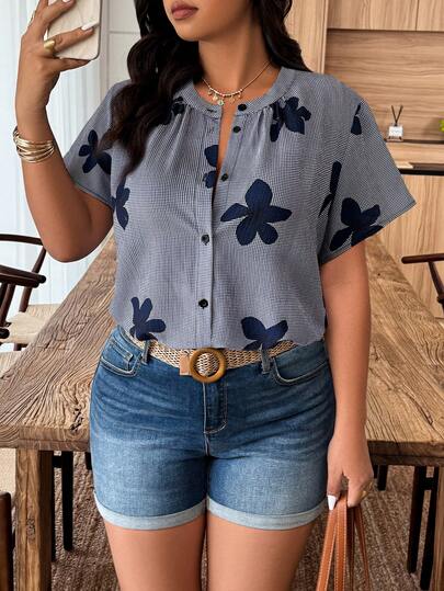 Weeklong Camisa casual de manga corta con cuello redondo y estampado a cuadros para mujer talla grande, primavera/verano