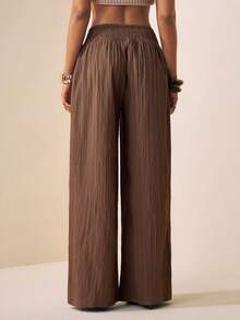 Zivah 2026春夏新款婚礼季、音乐节、复活节、西部风、游牧风、波西米亚风、纳什维尔风格腰带褶裥阔腿裤，带真口袋，竖纹面料，春夏通勤休闲，优雅度假风，休闲长裤 - 咖啡棕 - 查看 3