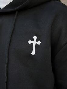 Devon Thys 男士休闲简约十字印花抽绳连帽衫，带口袋，适合返校季、秋冬季节，长袖上衣 - 黑色 - 查看 4