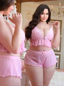 PetitDoll 2件套加大码蕾丝拼接内衣套装，情人节 - 粉色 - 查看 3