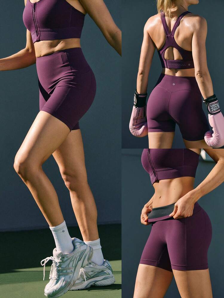 4.3" FeatherFit™-Sculpt CoreHold Buttery-Soft Stretchy No Front Seam Tummy Control Side Pockets Biker Shorts Medium Impact Training Running Workout Gym Wear