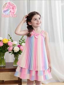 SHEIN Glamorique Kids 女童無袖彩虹條紋分層短洋裝，馬卡龍粉色夏季仙女生日套裝，圓領漸層壓褶洋裝 - 彩色 - 查看 9